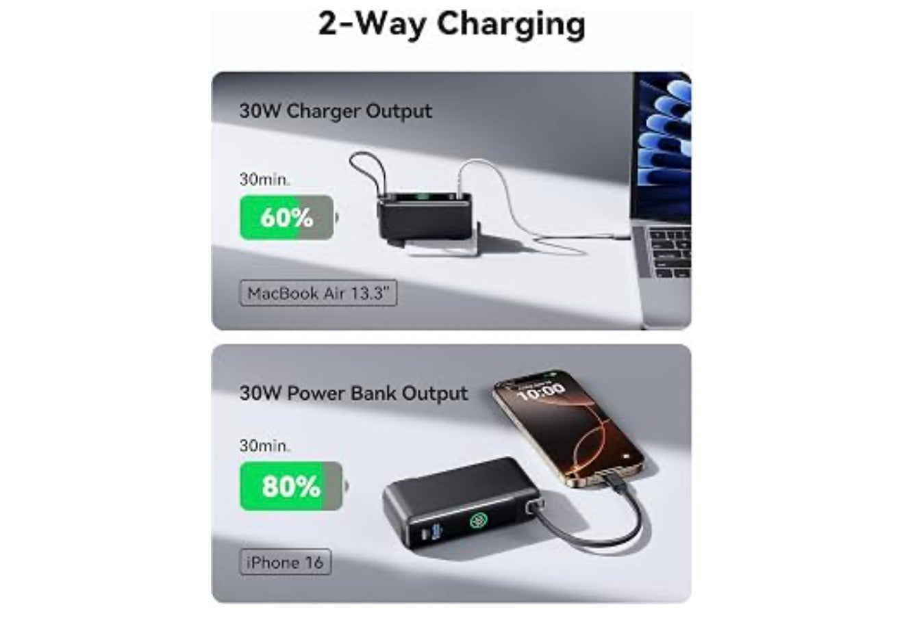 3-in-1 Portable Charger, Small 10000mah 30W Fast Charging Power Bank with Built-in USB C Cable and Foldable AC Plug - (Pink)