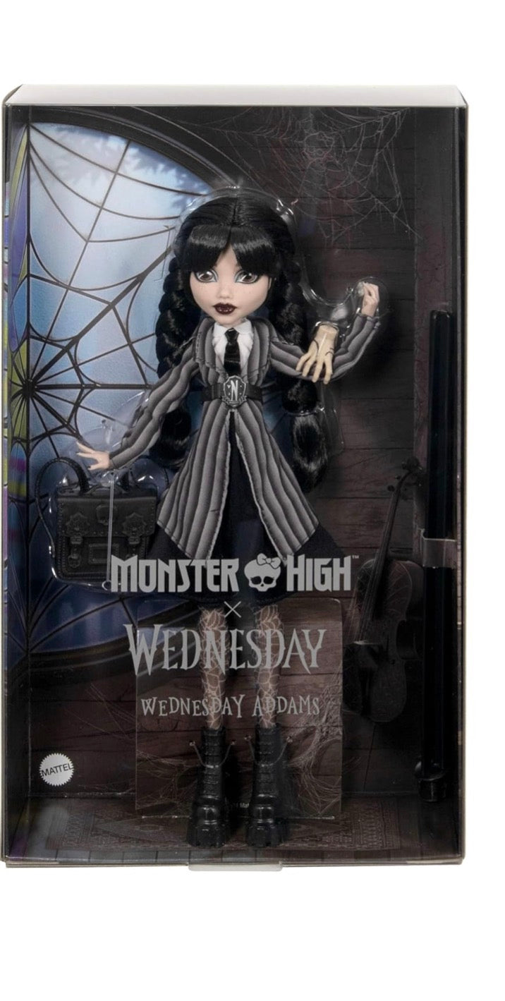 Monster High - Wednesday Addams Collectible in Nevermore Academy Uniform with Thing and Backpack, Doll Stand