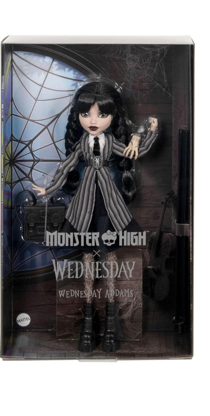 Monster High - Wednesday Addams Collectible in Nevermore Academy Uniform with Thing and Backpack, Doll Stand