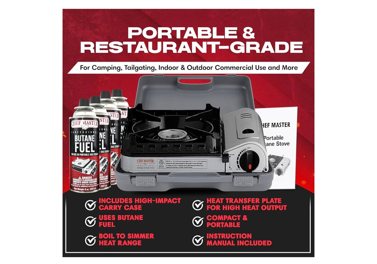 Chef Master 15,000 BTU Butane Portable Camp Stove | Double Wind-Guard Portable Stove Burner w/Piezo Click Ignition for Emergencies, Tailgating, Hiking, Backpacking & Camping Essentials - 90019
Double Wind Guard, Piezo Ignition, Canister Safety Lock, Press