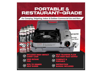 Chef Master 15,000 BTU Butane Portable Camp Stove | Double Wind-Guard Portable Stove Burner w/Piezo Click Ignition for Emergencies, Tailgating, Hiking, Backpacking & Camping Essentials - 90019
Double Wind Guard, Piezo Ignition, Canister Safety Lock, Press