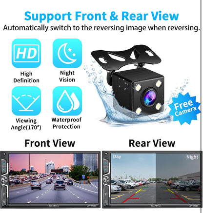 Dubbel-Din 7-duim motorradio-ontvanger met CarPlay, Android Auto, QLED-raakskerm, Bluetooth, 4-kanaal RCA, 60W*4 hoë krag, subwoofer met agteruitry-kamera