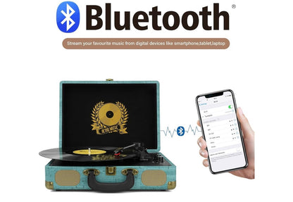 Vinylplatspeler 3-spoed Bluetooth Koffer Draagbaar Riemaangedrewe, Ondersteun Bluetooth, RCA-uitset, 3.5mm aux-ingang en Oorfone - (Vintage)