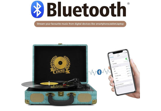 Vinylplatspeler 3-spoed Bluetooth Koffer Draagbaar Riemaangedrewe, Ondersteun Bluetooth, RCA-uitset, 3.5mm aux-ingang en Oorfone - (Vintage)