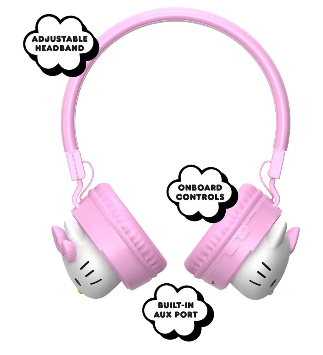 Hello Kitty 2-in-1 Wireless Bluetooth Headphones with Wired Earbuds – Foldable Over-Ear Headset with Built-in Mic, AUX Cable, Adjustable Headband, and Onboard Controls – Pink