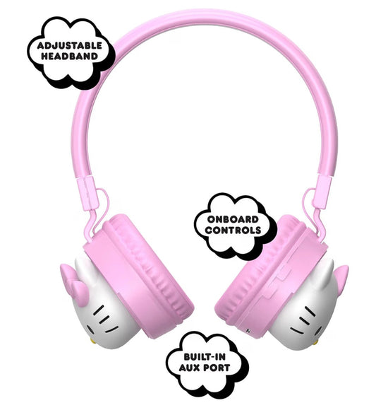 Hello Kitty 2-in-1 Wireless Bluetooth Headphones with Wired Earbuds – Foldable Over-Ear Headset with Built-in Mic, AUX Cable, Adjustable Headband, and Onboard Controls – Pink