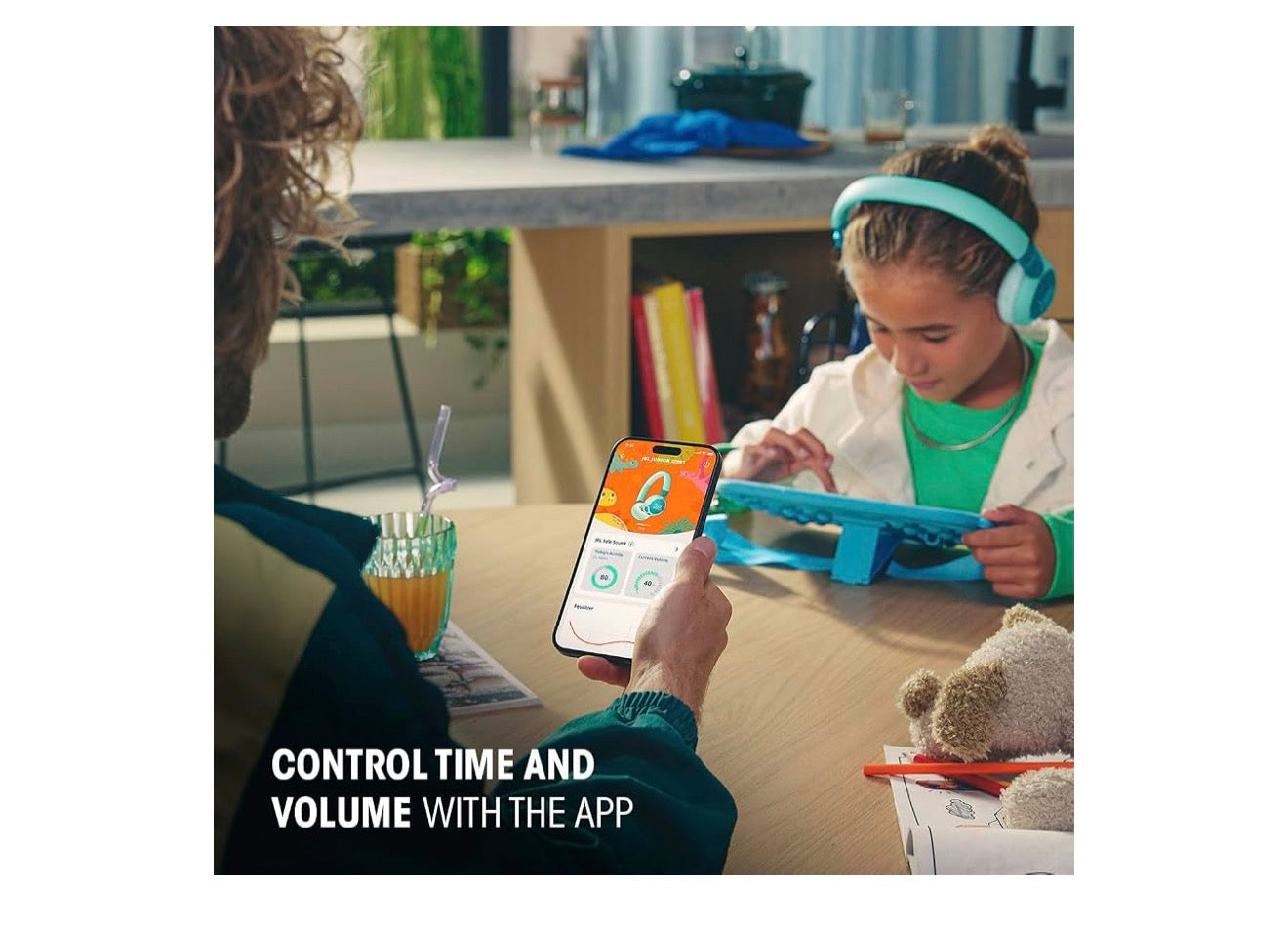 JBL Junior  On-Ear Kids Headphones Safe Sound 85dB, Parental Control w/ Customizable Volume Playtime, Easy monitoring, Built-in mic, 50-hour battery life (BLUE)