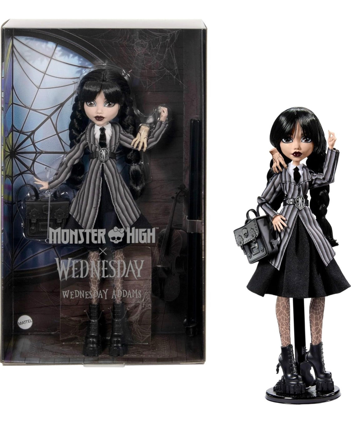 Monster High - Wednesday Addams Collectible in Nevermore Academy Uniform with Thing and Backpack, Doll Stand