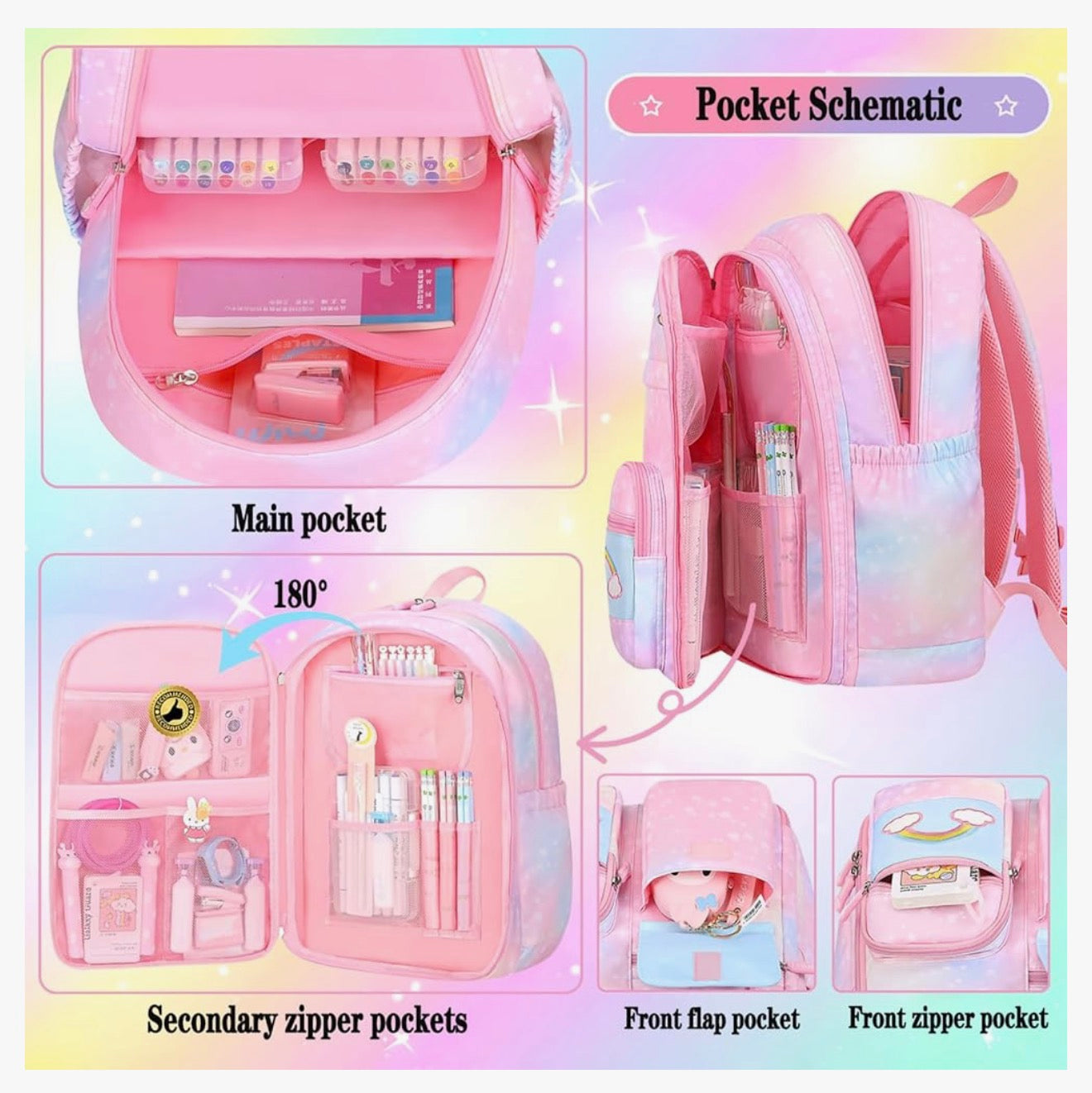 Rainbow Backpack For Girls Kids, Cute Student School Backpack With Pen Bag, Laptop Travel Bag (Pink)