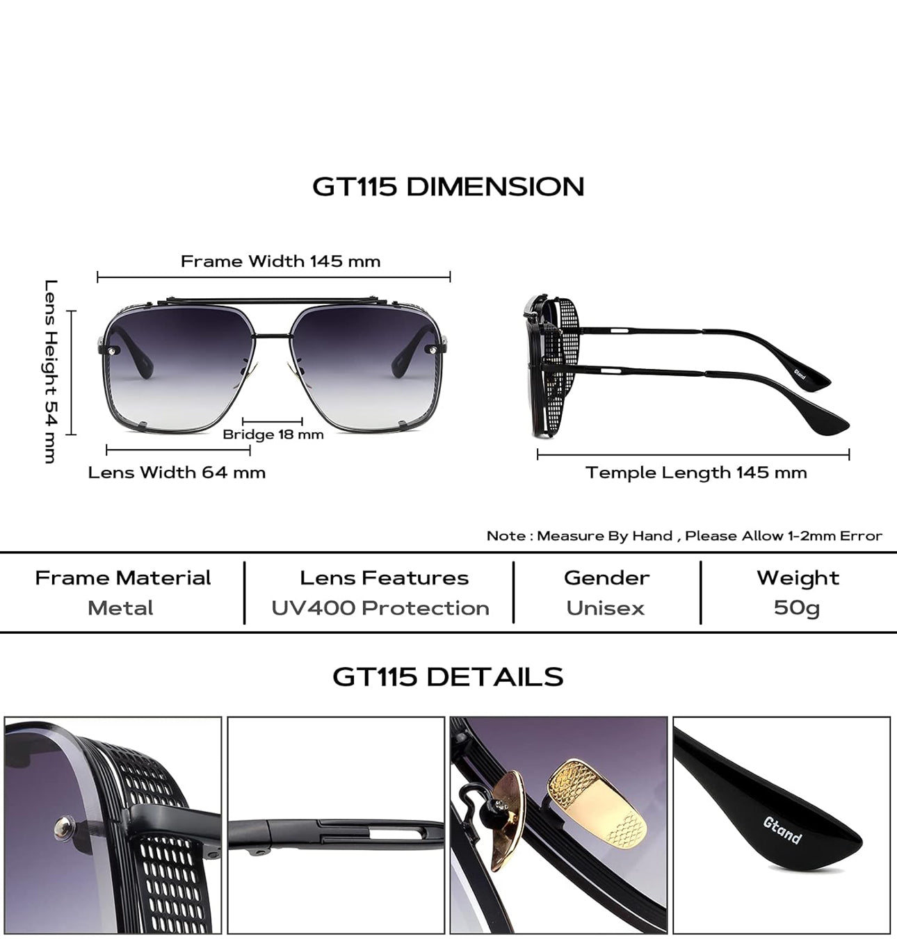 UNISEX Oorgroot Vierkantige Vlieënier Gradiënt-sonbril C1 Swart Raam/Gradiënt - Grys Lens