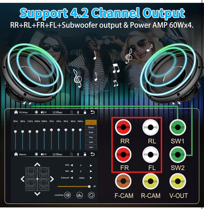 Dubbel-Din 7-duim motorradio-ontvanger met CarPlay, Android Auto, QLED-raakskerm, Bluetooth, 4-kanaal RCA, 60W*4 hoë krag, subwoofer met agteruitry-kamera