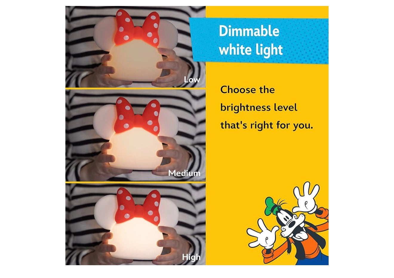 Minnie Mouse Squishy Color Changing, Night Light for Kids, USB Lamp, Battery Operated, Dimmable