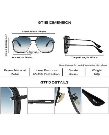 UNISEX Oorgroot Vierkantige Vlieënier Gradiënt-Sonbril C7 Swart Raam/Gradiënt – Blou Lense