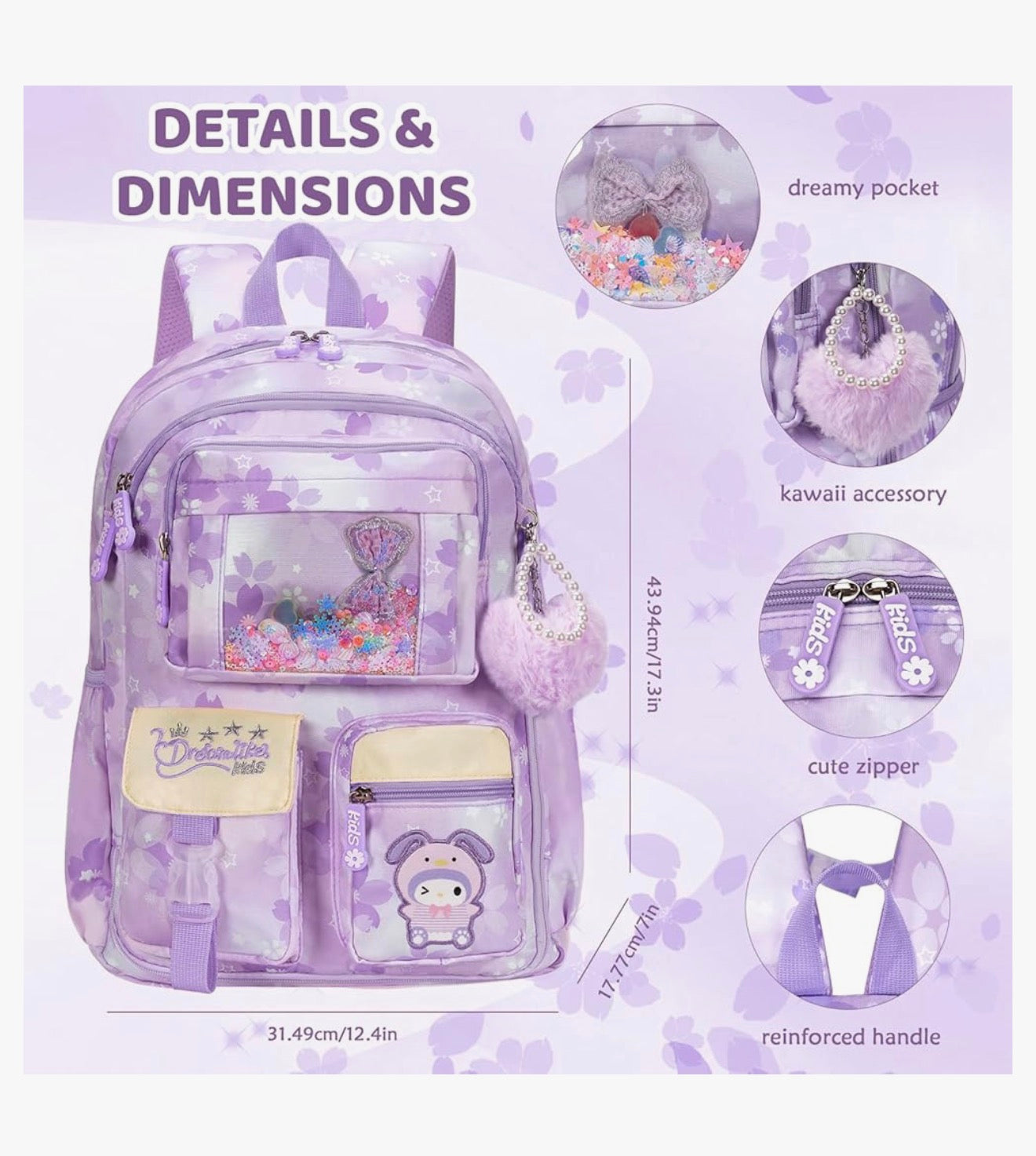 Kids Backpack 17 Inches for Girls, Cartoon School Bag for Elementary Middle School Students Book Bag - (Purple)