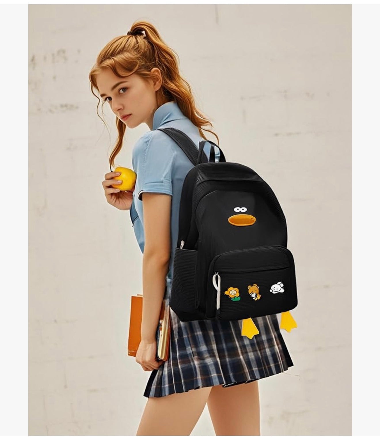 Oulike Eend Rugsak vir Tienermeisies Vroue, Kawaii Snaakse Estetiese Koordfluweel Boeksak vir Hoër Middel Skool - (Swart)
