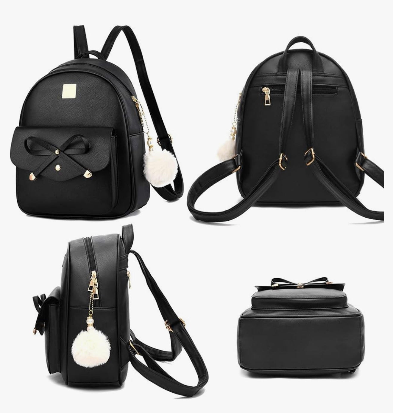 iGirls Bowknot 3-Stukke Mode Leer Rugsak Rugsakhandsak vir Vroue, Rucksack vir Dames Skouersak - (Swart)