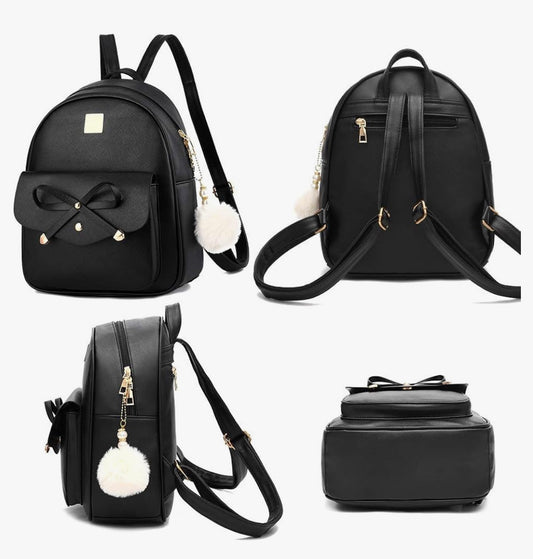 iGirls Bowknot 3-Stukke Mode Leer Rugsak Rugsakhandsak vir Vroue, Rucksack vir Dames Skouersak - (Swart)
