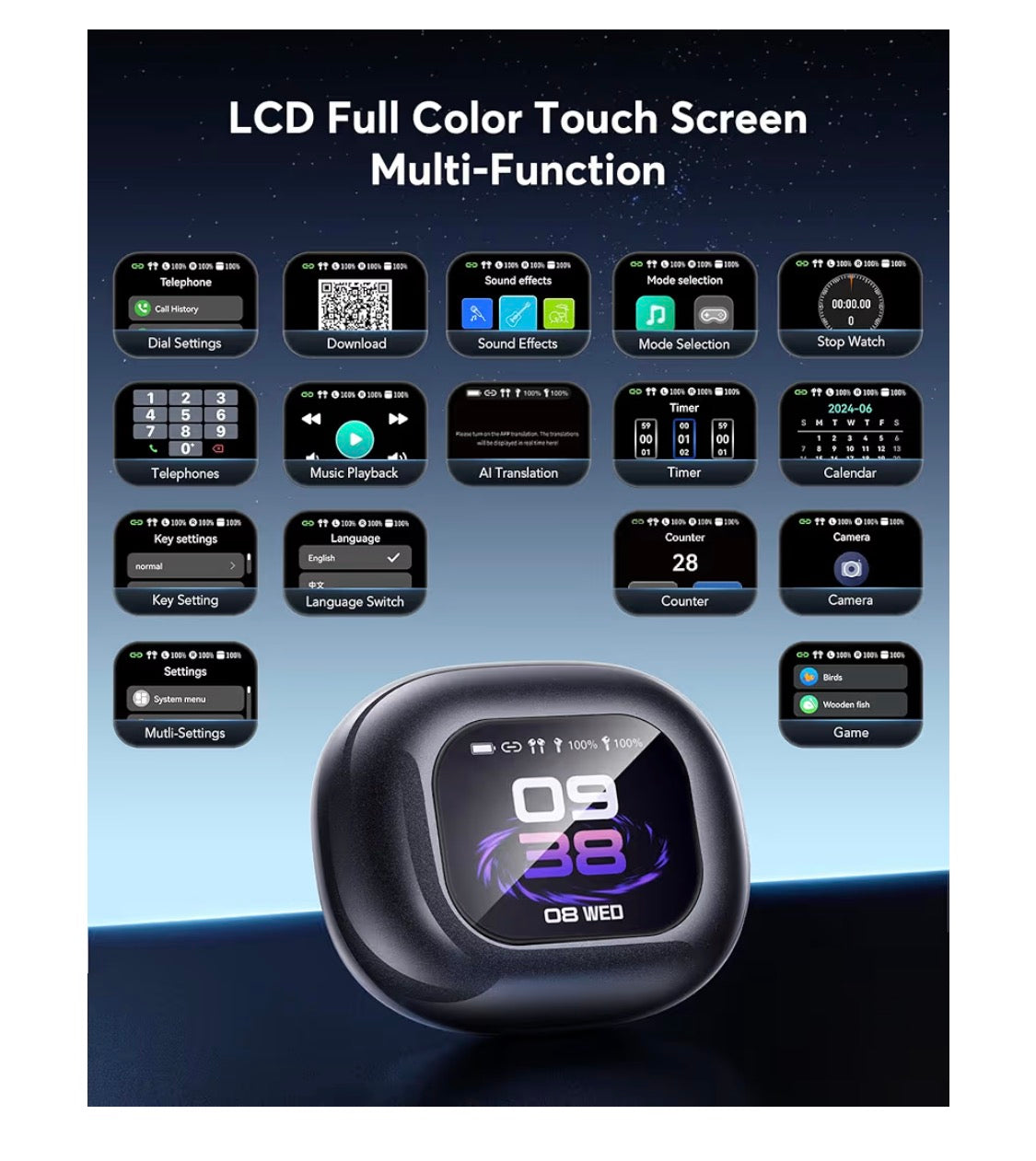 Open-Ear headphones LCD Touch,Bluetooth,Real-Time AI Translator Earbuds (188)Languages -D. Black