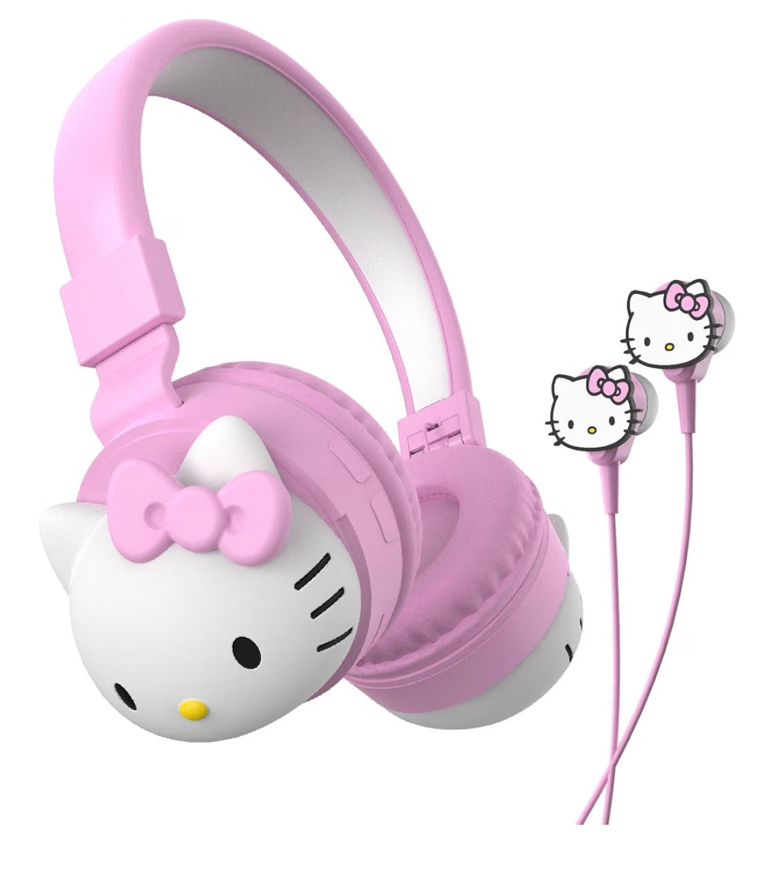 Hello Kitty 2-in-1 Wireless Bluetooth Headphones with Wired Earbuds – Foldable Over-Ear Headset with Built-in Mic, AUX Cable, Adjustable Headband, and Onboard Controls – Pink