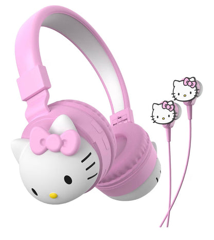 Hello Kitty 2-in-1 Wireless Bluetooth Headphones with Wired Earbuds – Foldable Over-Ear Headset with Built-in Mic, AUX Cable, Adjustable Headband, and Onboard Controls – Pink