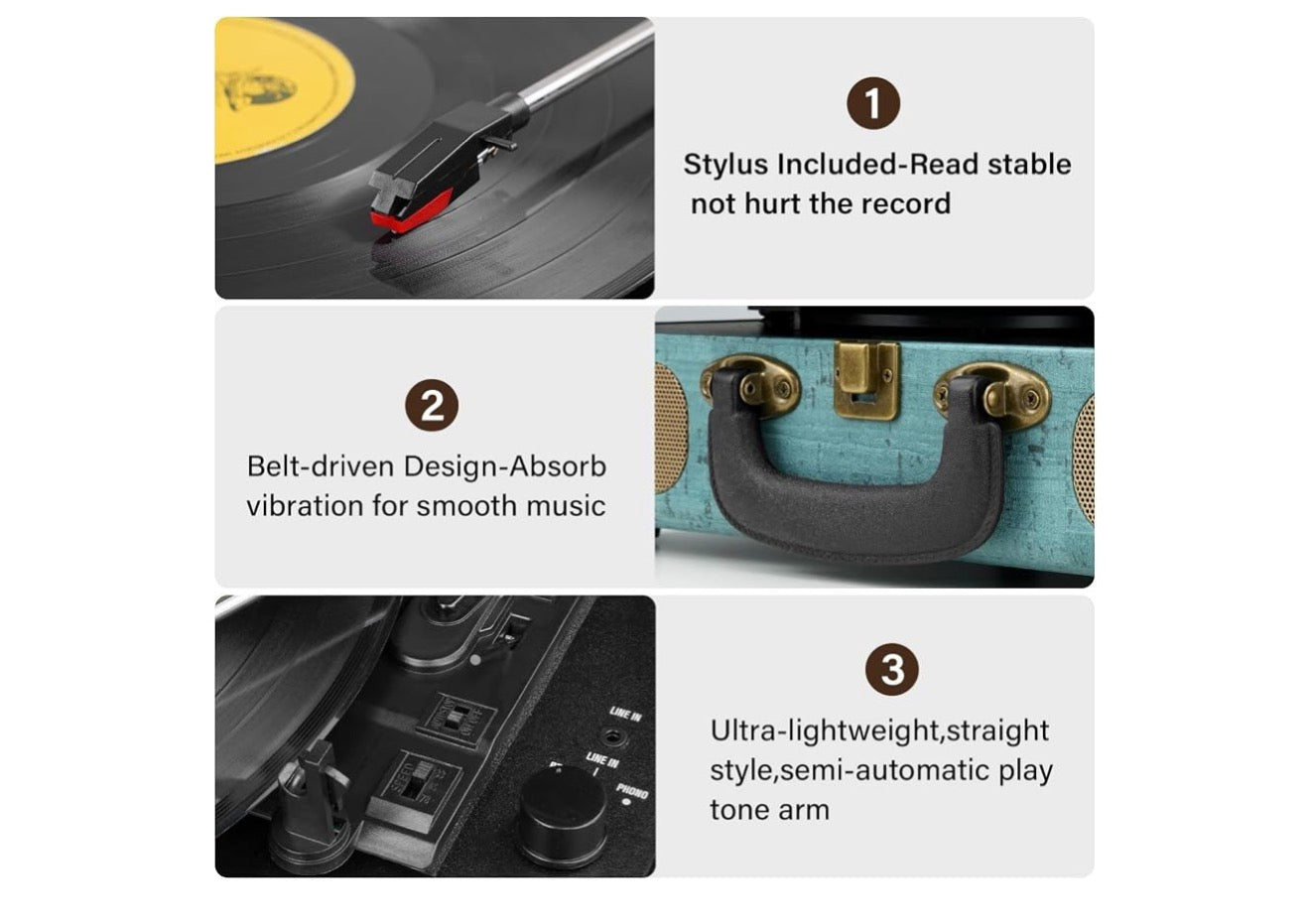 Vinylplatspeler 3-spoed Bluetooth Koffer Draagbaar Riemaangedrewe, Ondersteun Bluetooth, RCA-uitset, 3.5mm aux-ingang en Oorfone - (Vintage)