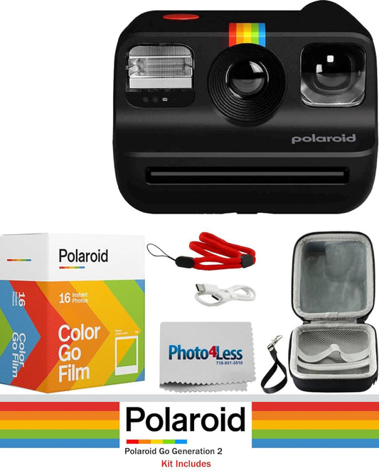 Polaroid Go Mini Camera Bundled with Polaroid GO Color Film Hard Carrying Case, Lens Cleaning Cloth - Black