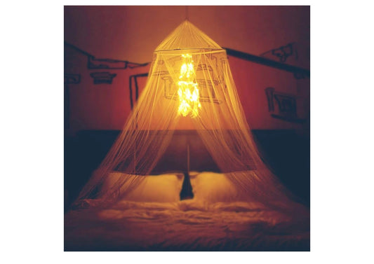 Bedhemel met Dubbelsirkel Wit Veer Droomvanger en 50 LED Feetjie Stringligte – Unieke Styl Koepel Bednet Gordyne Bedhemel