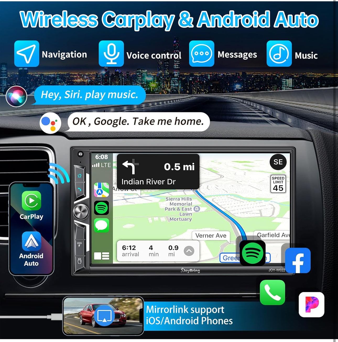 Double Din 7 inches Car Radio Receiver with Carplay, Android Auto, QLED Touchscreen, Bluetooth, 4-Channel RCA, 60W*4 High Power, Subwoofer w/ Backup Camera