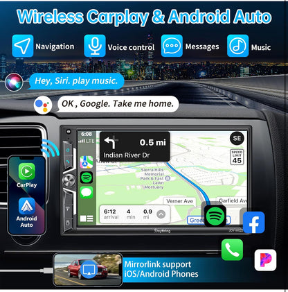 Dubbel-Din 7-duim motorradio-ontvanger met CarPlay, Android Auto, QLED-raakskerm, Bluetooth, 4-kanaal RCA, 60W*4 hoë krag, subwoofer met agteruitry-kamera