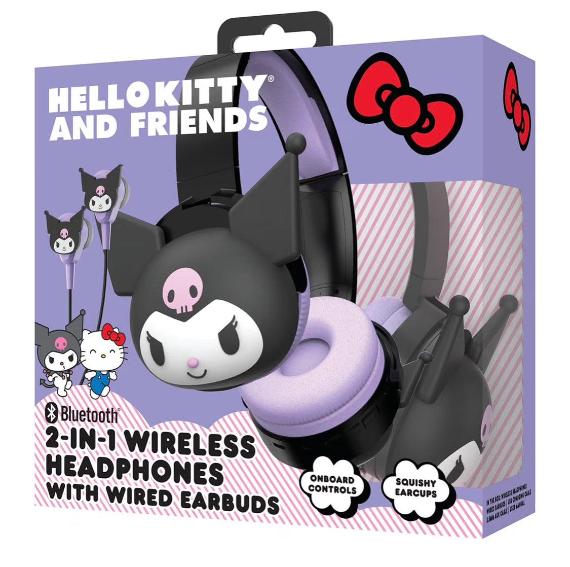 Hello Kitty 2-in-1 Wireless Bluetooth Headphones with Wired Earbuds – Foldable Over-Ear Headset with Built-in Mic, AUX Cable, Adjustable Headband, and Onboard Controls – Kuromi