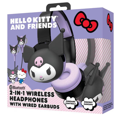 Hello Kitty 2-in-1 Wireless Bluetooth Headphones with Wired Earbuds – Foldable Over-Ear Headset with Built-in Mic, AUX Cable, Adjustable Headband, and Onboard Controls – Kuromi