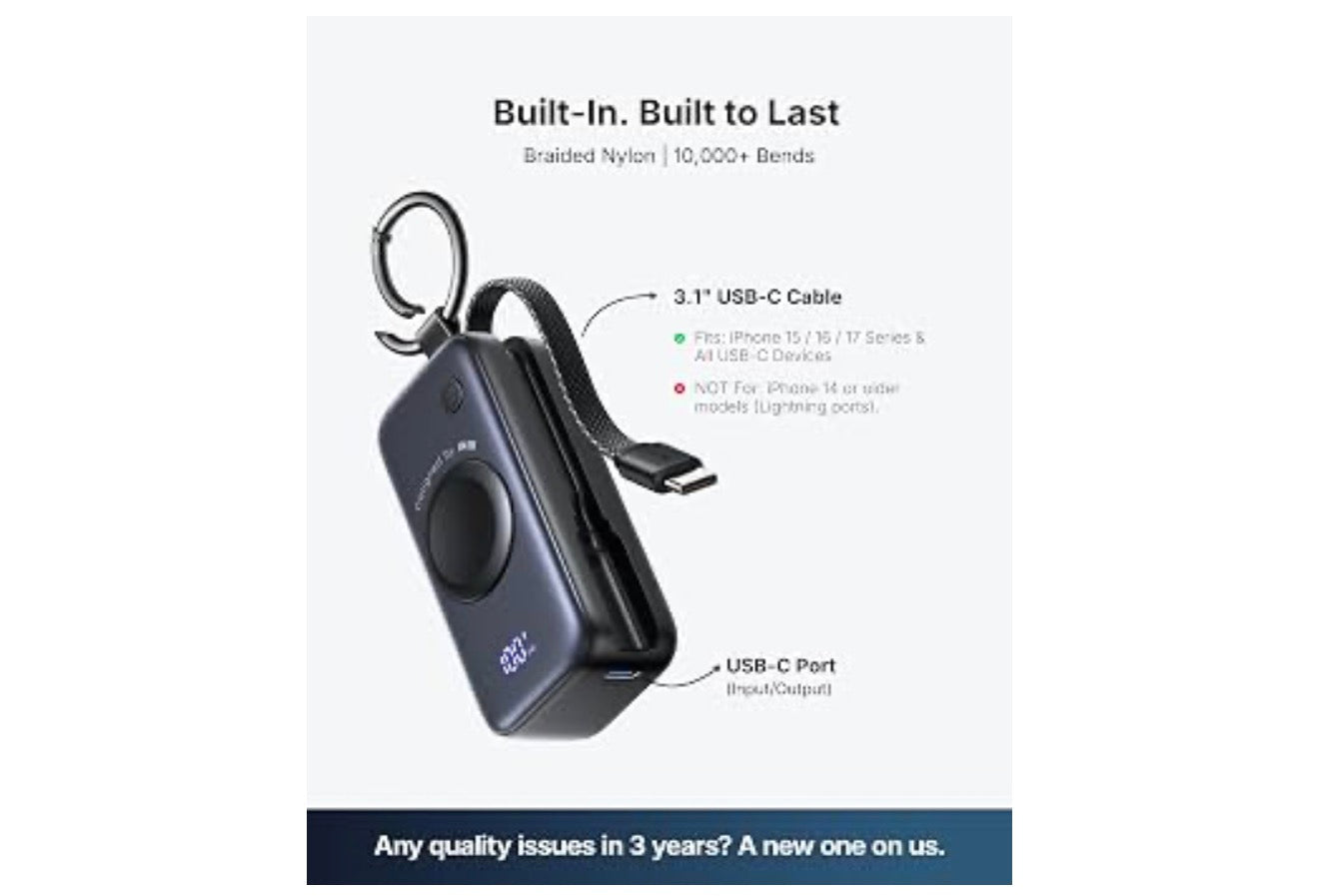 INIU 20W SnapGo Portable Charger, 5000mAh Mini Power Bank for Apple Watch
20W Fast Charging, Travel Keychain, Built-in USB-C Cable, Flight-Safe, Battery Pack for Apple Watch, iPhone 17 etc