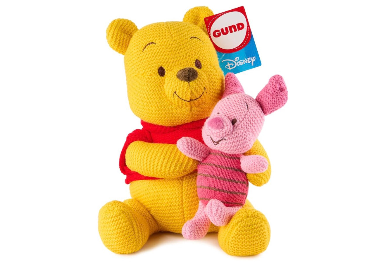 Disney 25cm Poeh en Knorretjie Gebreide Plaasdiere, Winnie die Poeh, Opgestopte Dier vir Ouderdomme 1 en Ouers - Geel/Pienk
