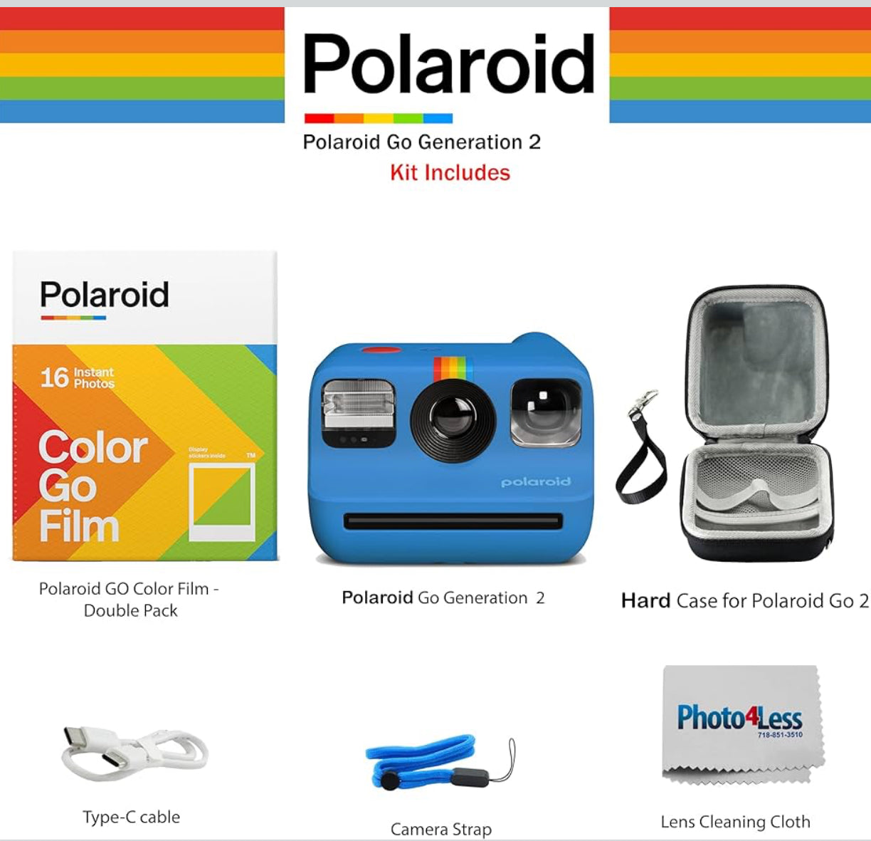 Polaroid Go Mini Camera Bundled with Polaroid GO Color Film Hard Carrying Case, Lens Cleaning Cloth - Blue