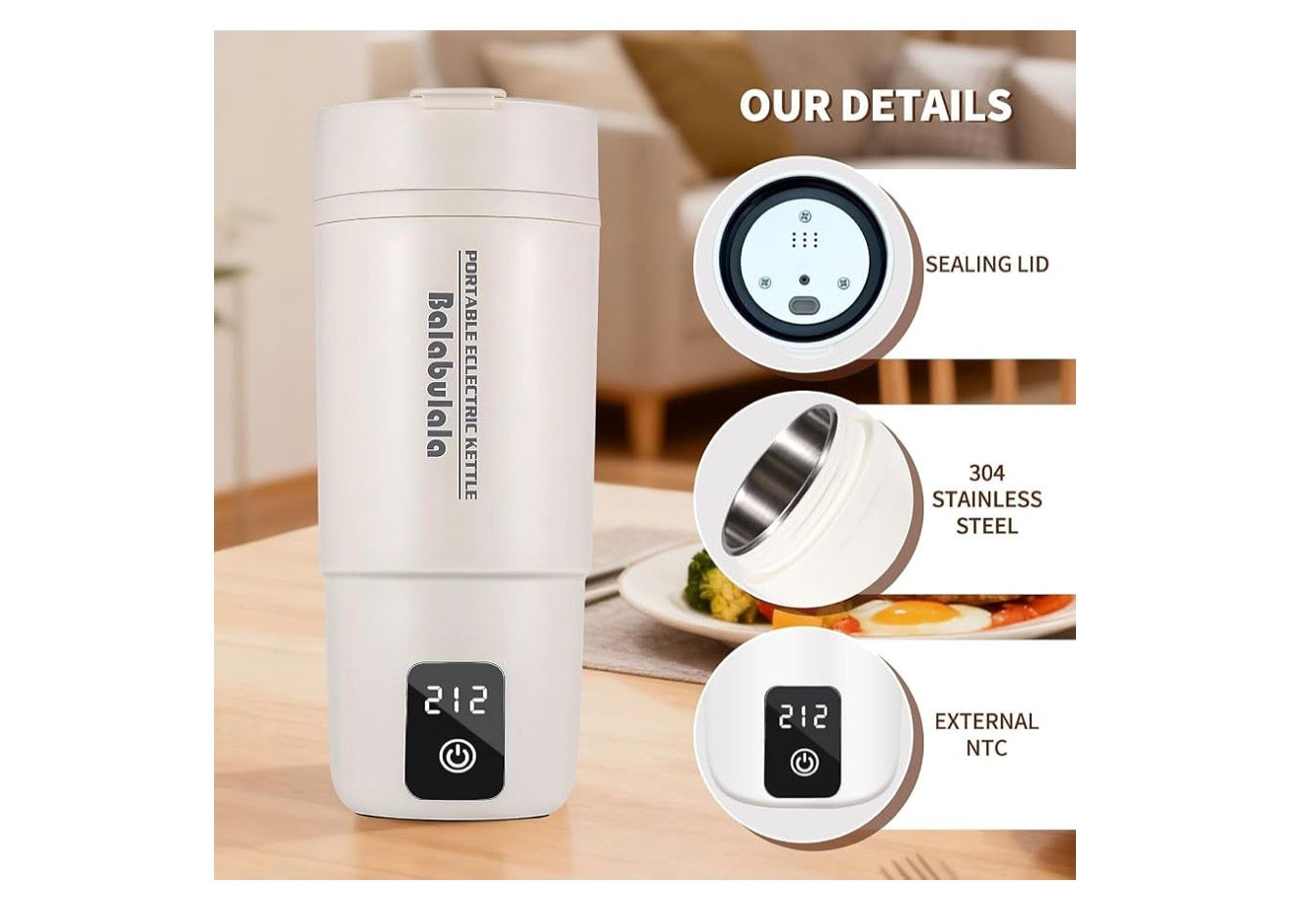 Reis-elektriese ketel, draagbare waterverwarmer met 6 veranderlike voorafinstellings, klein met warmhou-temperatuurkontroles en droogkookbeskerming 400 ml - (Wit)
