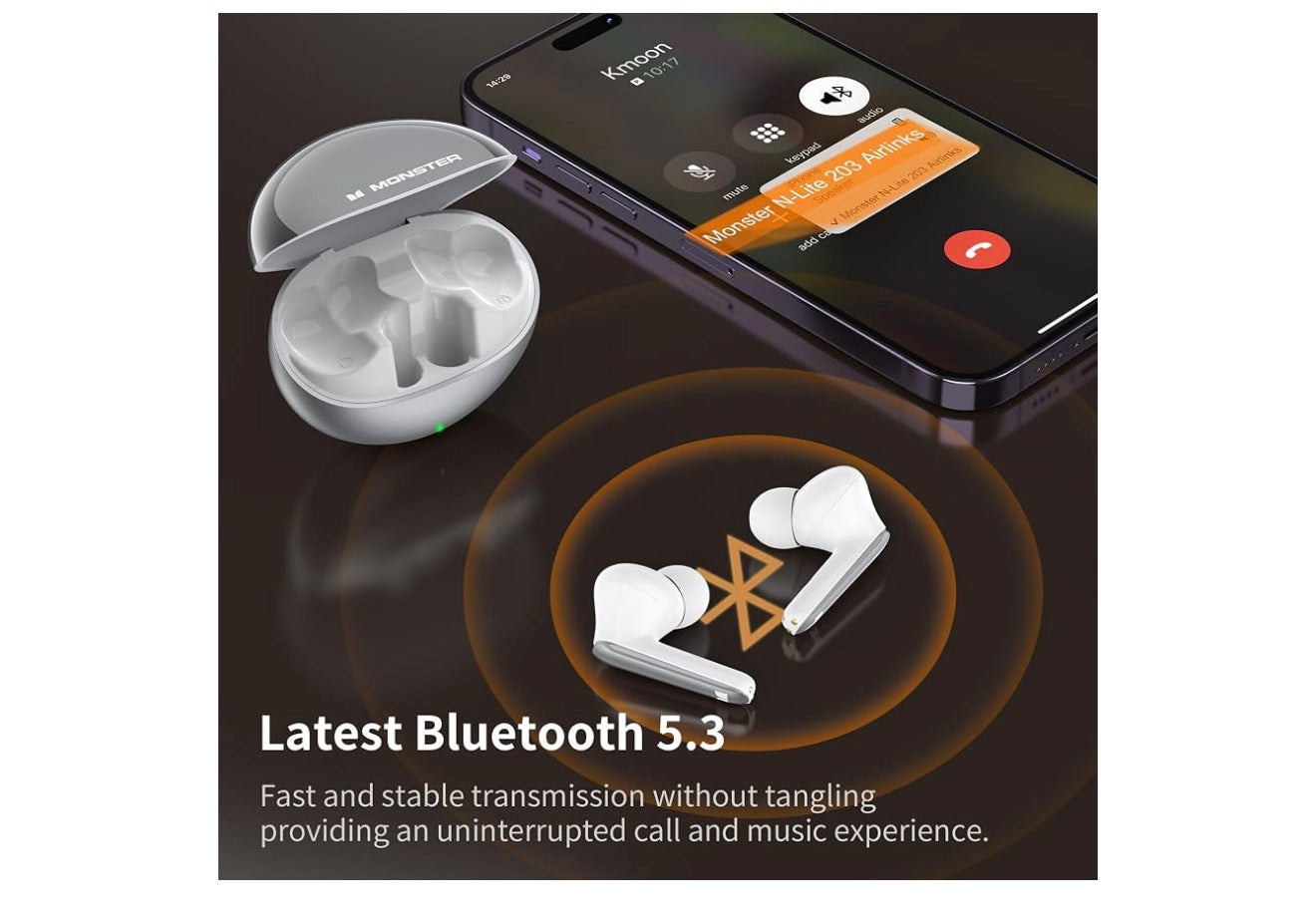 Monster AirLinks Draadlose Oorfone, Bluetooth 5.3 Oorfone HiFi Stereo, Draadlose Oorfone met HD Duidelike Oproep, 30H Speeltyd, Raakbeheer, Tipe-C Laai, IPX6 Waterdig