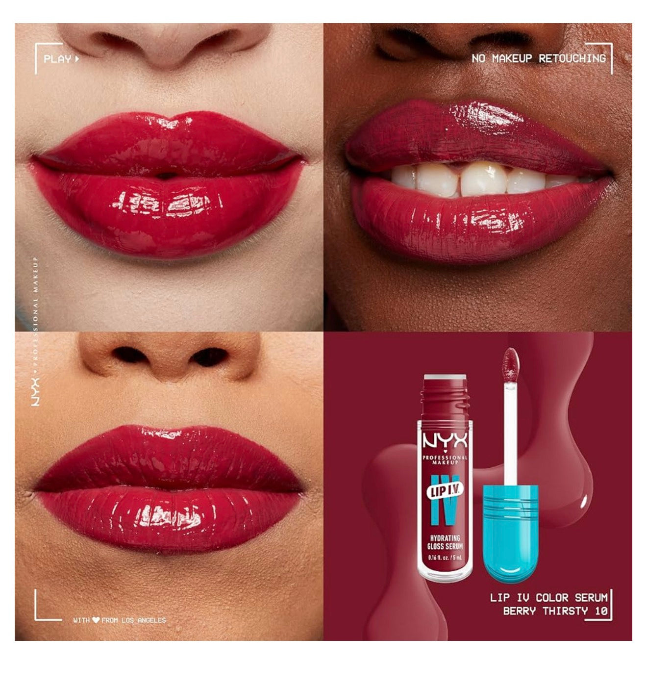 NYX PRO MAKEUP Lip IV Hydrating Glossy Lip Stain met 12H Hidrasie – Berry Thirsty (Rooi)