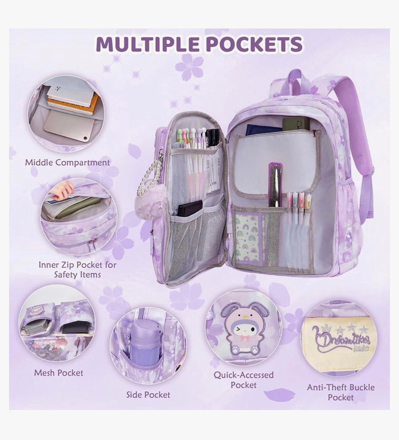 Kids Backpack 17 Inches for Girls, Cartoon School Bag for Elementary Middle School Students Book Bag - (Purple)