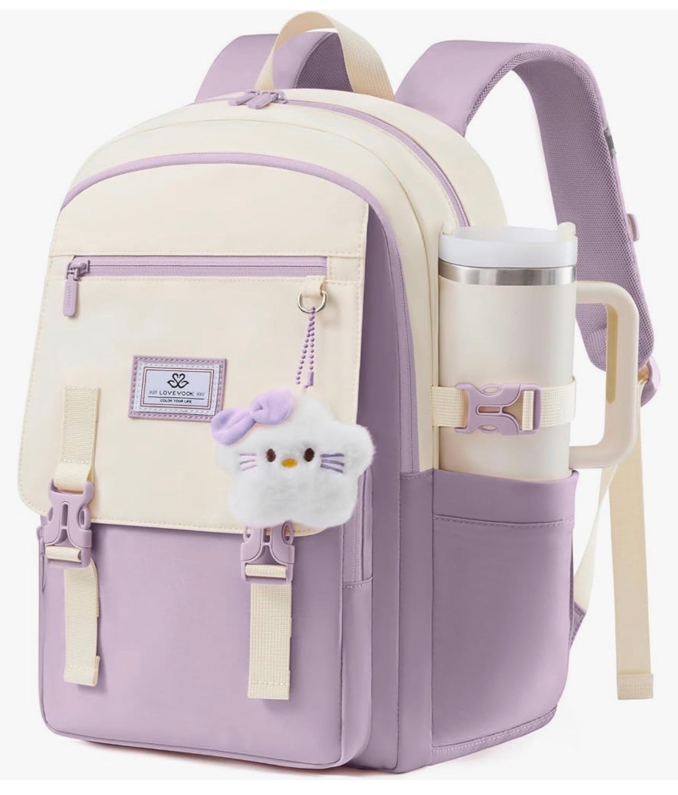 Skoolrugsak 15.6" Waterbestande Terug-skool-toe Rugsakke, Oulike Kind Boeksak Met Sjarme, Groot Kollege Reis dagsak - (Laventel & Room)