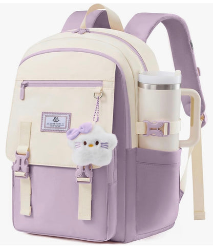 Skoolrugsak 15.6" Waterbestande Terug-skool-toe Rugsakke, Oulike Kind Boeksak Met Sjarme, Groot Kollege Reis dagsak - (Laventel & Room)