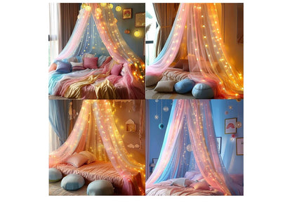 Muskietnet Bedkap Rainbow met LED-liggies Bedgordyne Volgrootte van Plafon, Koepelmuskietnet Beddekor