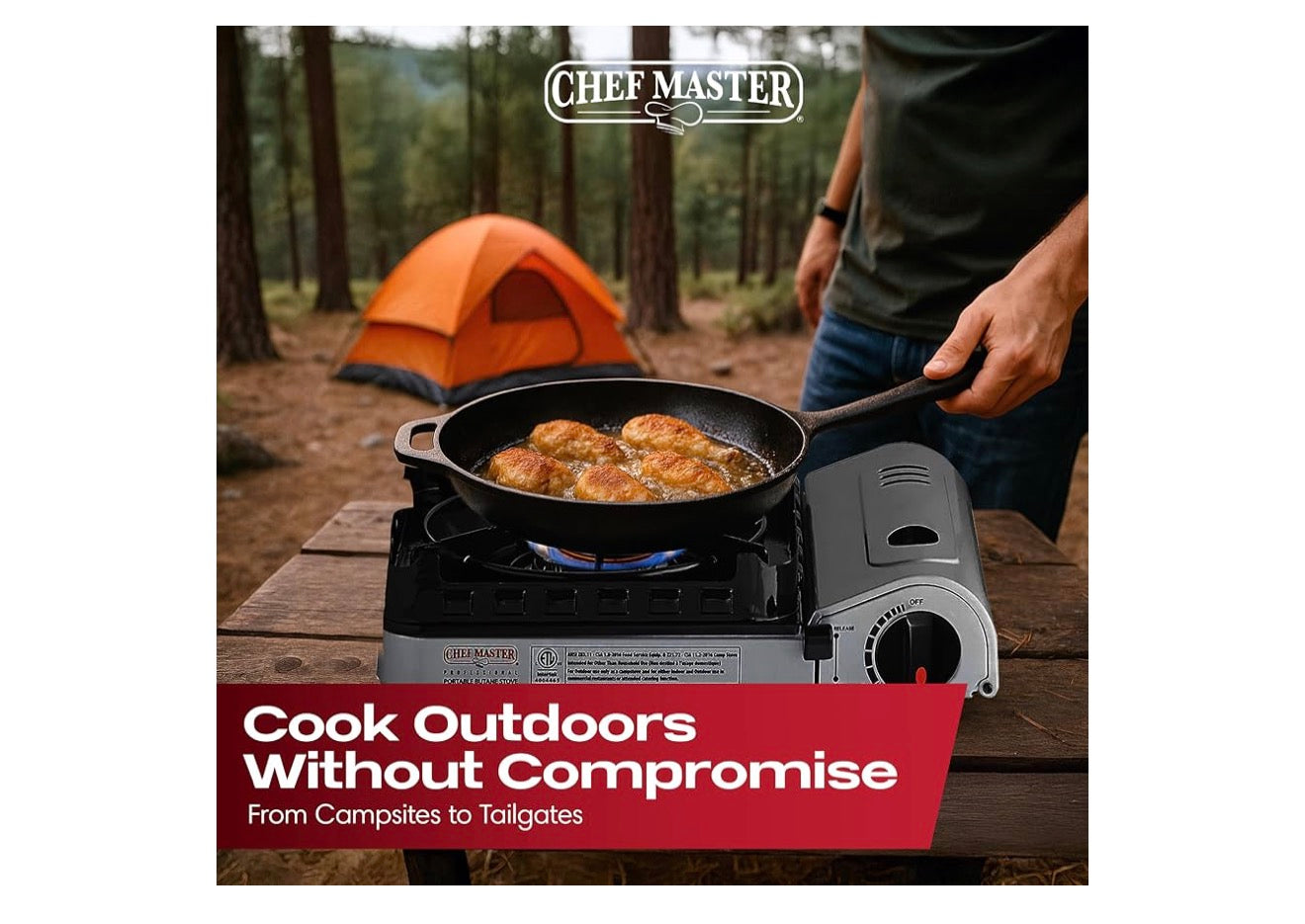 Chef Master 15,000 BTU Butane Portable Camp Stove | Double Wind-Guard Portable Stove Burner w/Piezo Click Ignition for Emergencies, Tailgating, Hiking, Backpacking & Camping Essentials - 90019
Double Wind Guard, Piezo Ignition, Canister Safety Lock, Press