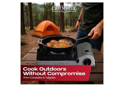 Chef Master 15,000 BTU Butane Portable Camp Stove | Double Wind-Guard Portable Stove Burner w/Piezo Click Ignition for Emergencies, Tailgating, Hiking, Backpacking & Camping Essentials - 90019
Double Wind Guard, Piezo Ignition, Canister Safety Lock, Press