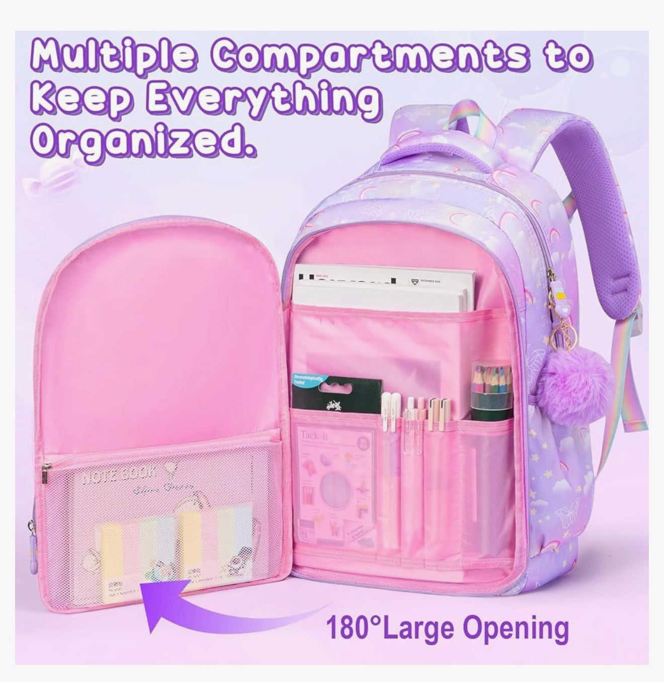 Kids Backpack - 3PCS Rainbow & Butterflies Teen Girls Backpack w/ Lunch Box & Pencil Case, Cute Pink Bookbag School Bag for Kindergarten Elementary Middle School Student Ages 5+