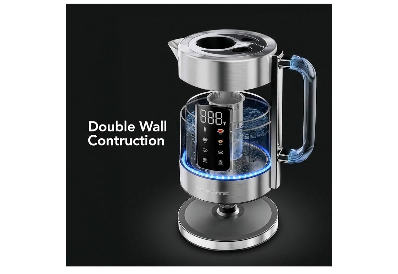 Digitale Glas Elektriese Ketel 1.7L met Kleurveranderende LED-ligte Temperatuurbeheer, Dubbelwand Koel Aanraking, 4 Voorinstellings, Hou Warm, Tee-infuser en Kookdroogbeskerming - (Silwer)