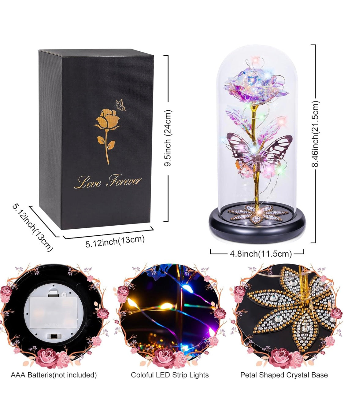 Preserved Crystal Roses in Glass Dome LED Lights w/ Butterfly - (Multicolor)