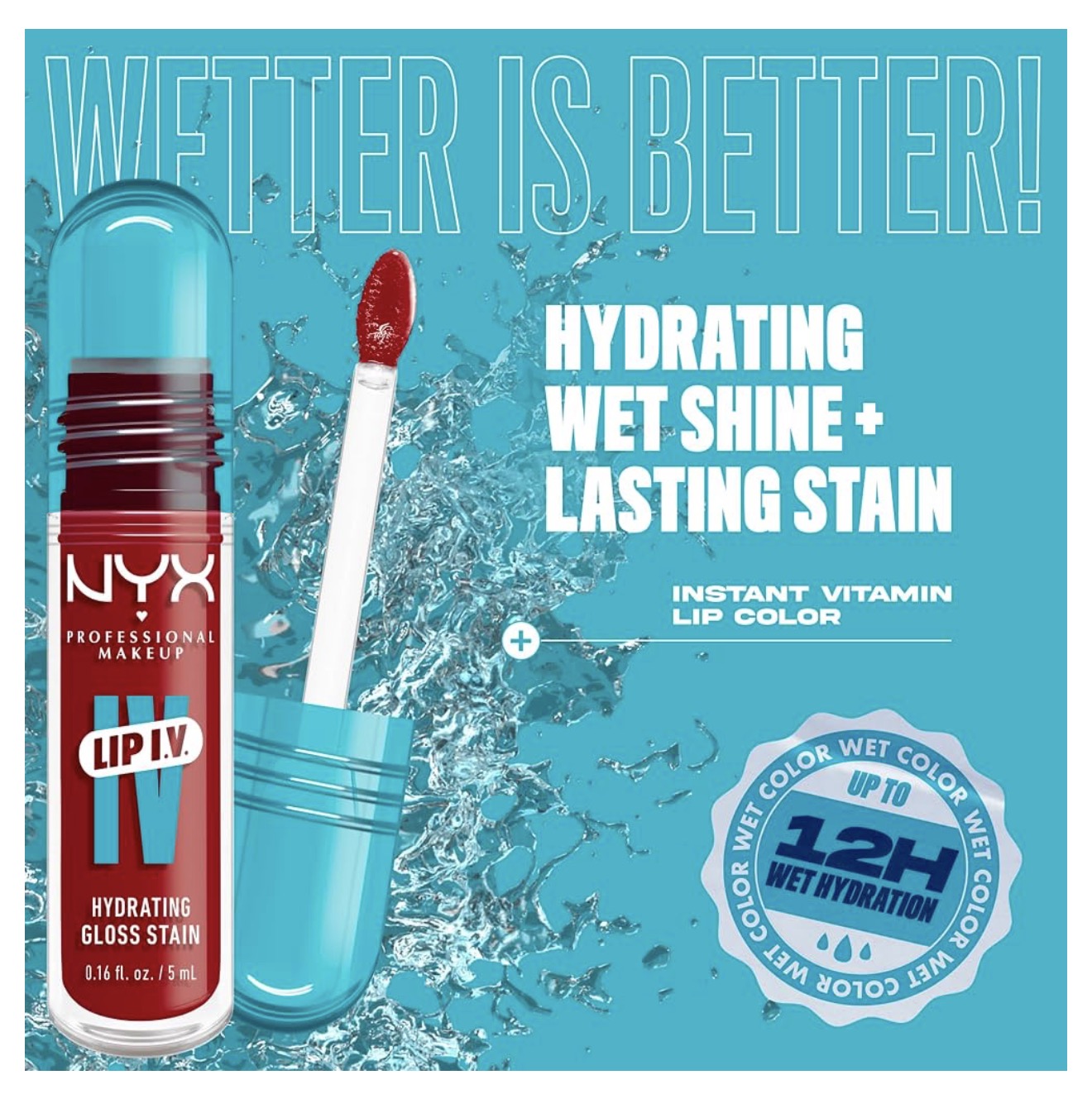 NYX PRO MAKEUP Lip IV Hydrating Glossy Lip Stain, Langdurig, Getint, Veganistiese Formule met 12 UUR Hidrasie - Cherry Drenched (Rooi)