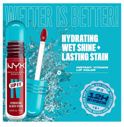 NYX PRO MAKEUP Lip IV Hydrating Glossy Lip Stain, Langdurig, Getint, Veganistiese Formule met 12 UUR Hidrasie - Cherry Drenched (Rooi)