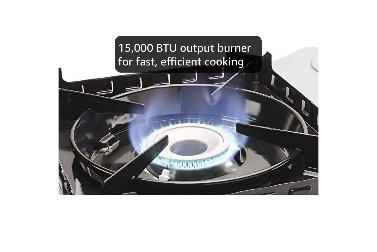 Chef Master 15,000 BTU Butane Portable Camp Stove | Double Wind-Guard Portable Stove Burner w/Piezo Click Ignition for Emergencies, Tailgating, Hiking, Backpacking & Camping Essentials - 90019
Double Wind Guard, Piezo Ignition, Canister Safety Lock, Press