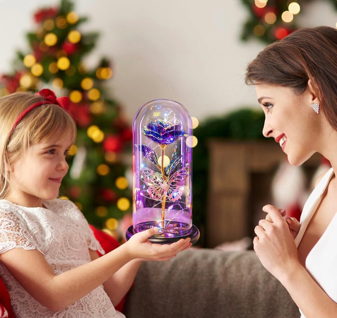 Preserved Crystal Roses in Glass Dome LED Lights w/ Butterfly - (Purple)